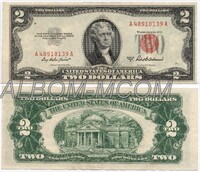 США 2 доллара 1953 год. Президент Джефферсон. Красная печать. AUNC