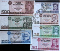Германия ГДР полный набор из 7 банкнот 5, 10, 20, 50, 100, 200, 500 марок. 1971-1985 год. (10 марок замещенная серия ZX) UNC