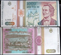 Румыния 1000 лей 1993 год. Серия А. Эминеску. Пресс. UNC